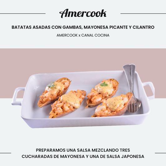 Batatas con gambas, mayonesa picante y cilantro