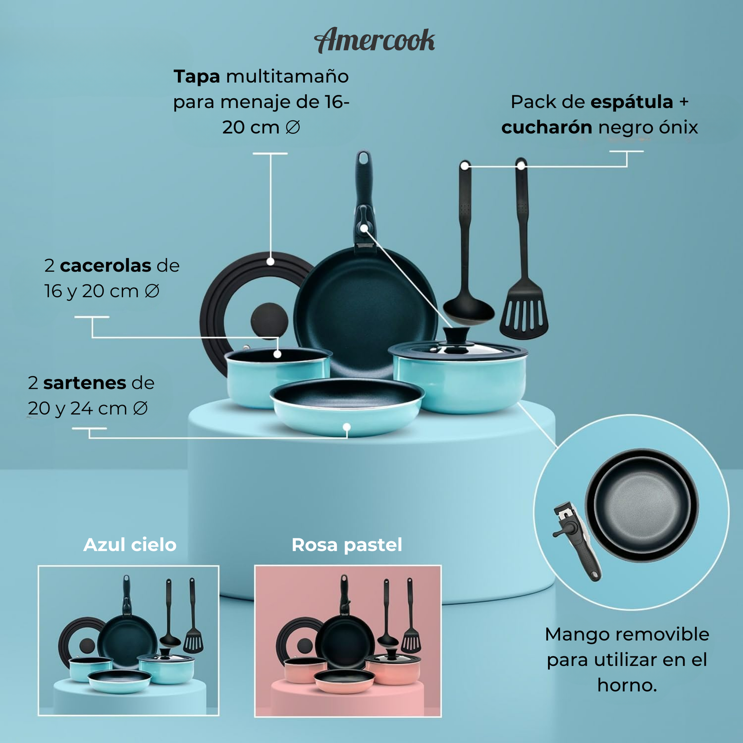 Batería de cocina de aluminio EasyClick de 8 piezas y mango extraíble de color azul cielo