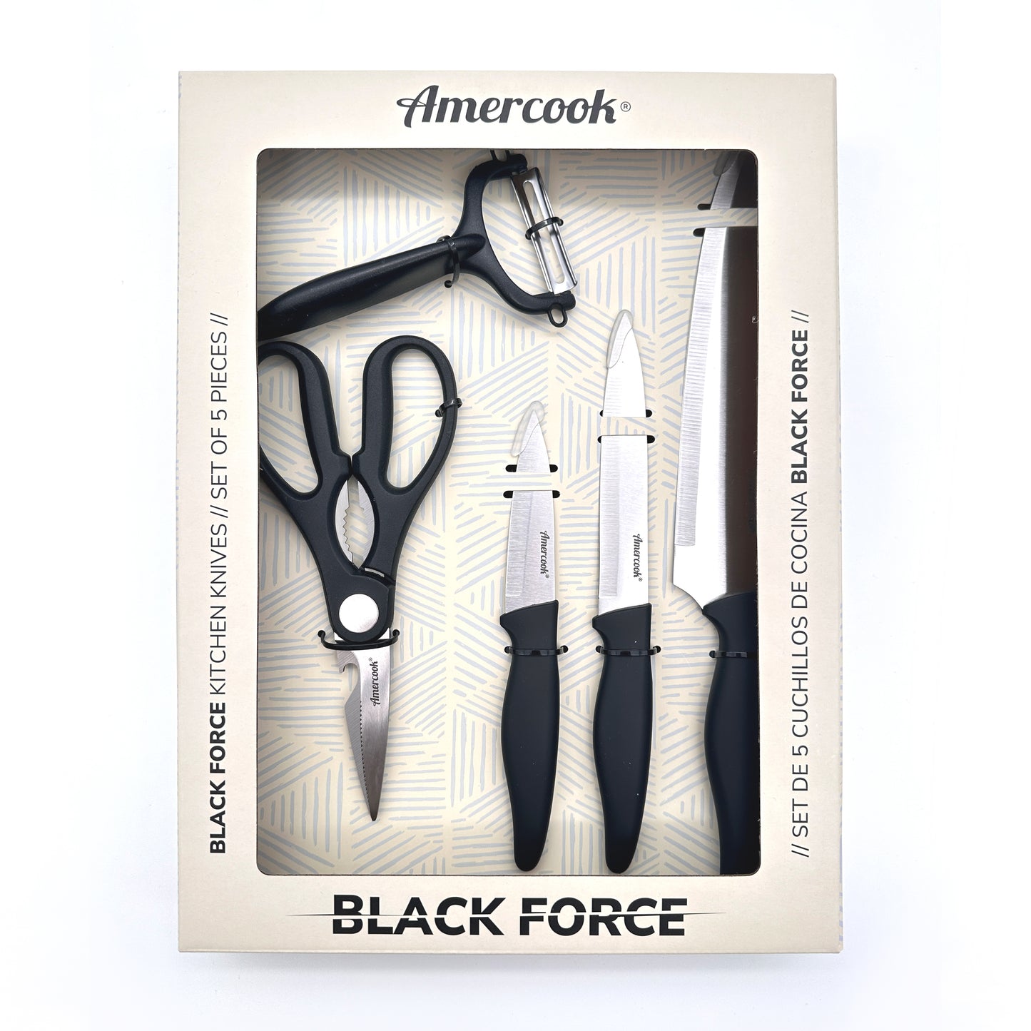 Set de 3 cuchillos, pelador y tijeras Black Force