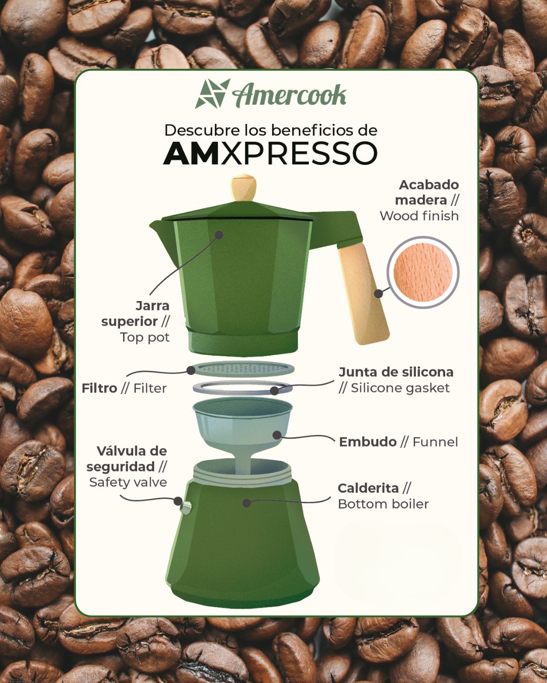 Cafetera italiana full-induction Amxpresso color verde oliva