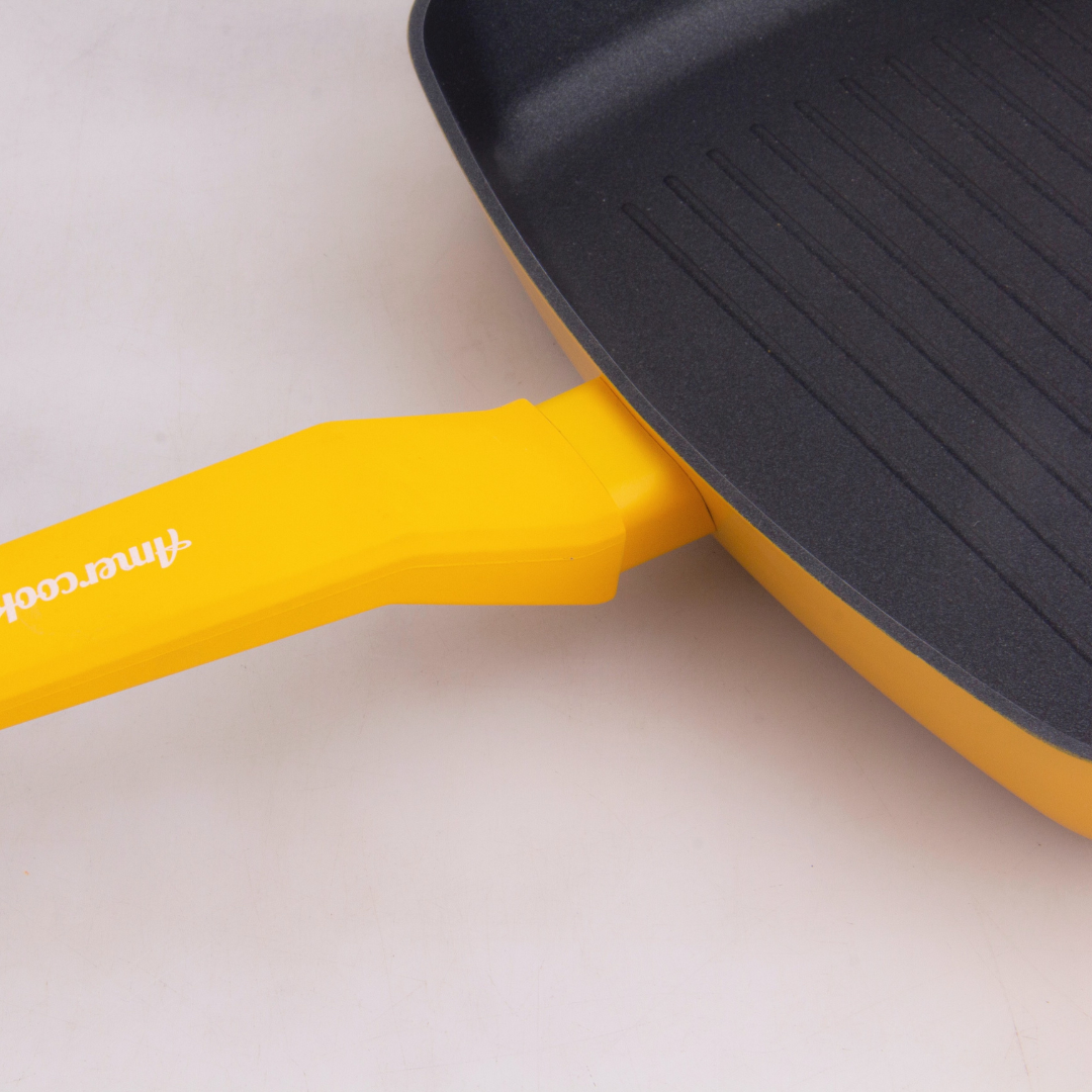 Grill rayado COLORS amarillo limón, sartén cuadrada apta para todo tipo de cocina incluso inducción