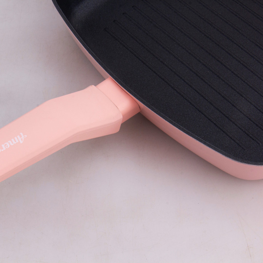 Grill rayado COLORS rosa pastel, sartén cuadrada apta para todo tipo de cocina incluso inducción