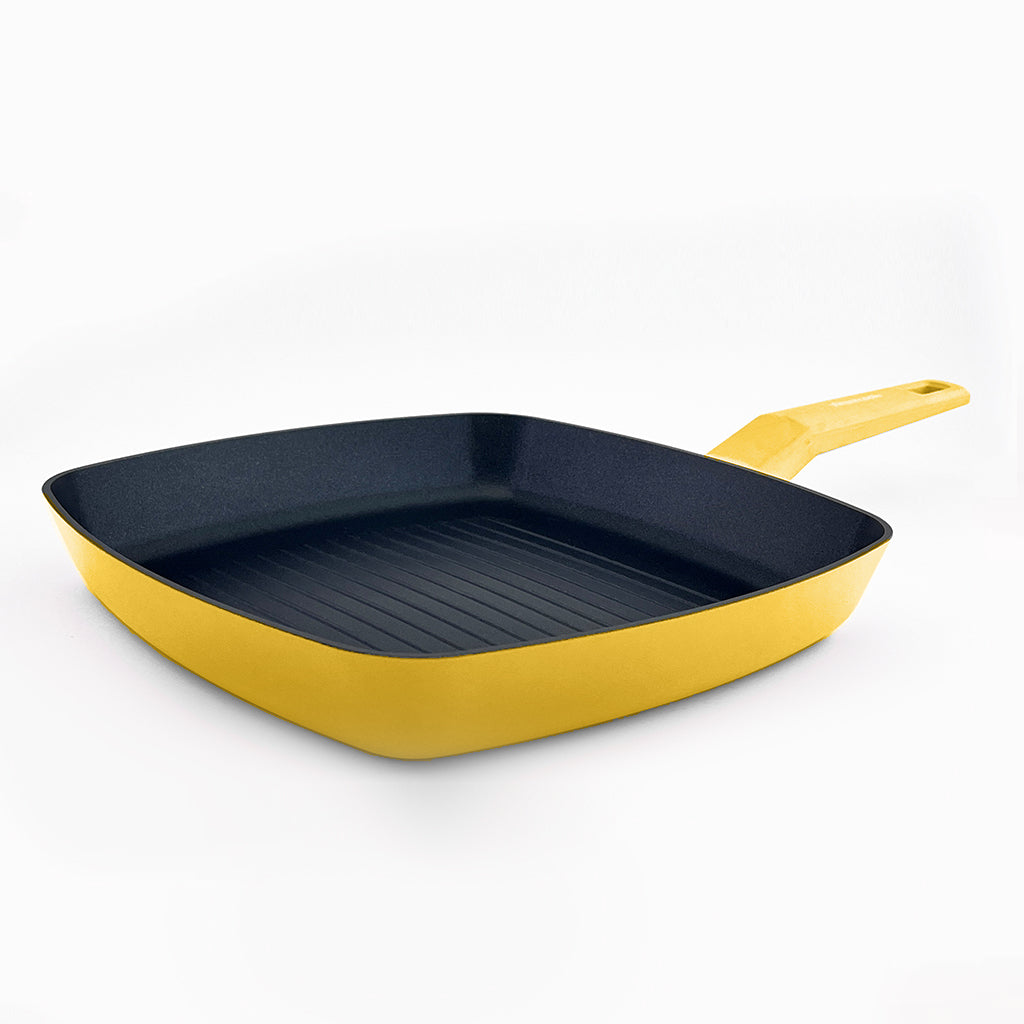 Grill rayado COLORS amarillo limón, sartén cuadrada apta para todo tipo de cocina incluso inducción