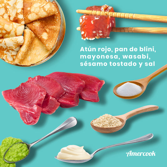 Aperitivo de atún, mayonesa de wasabi y sésamo tostado