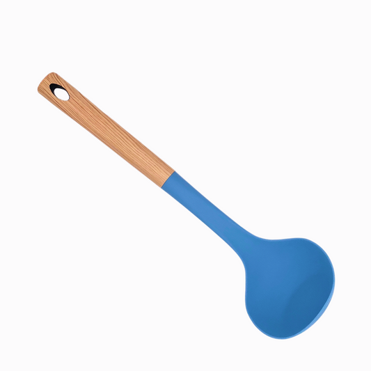 Sky blue silicone soup ladle with wood effect handle