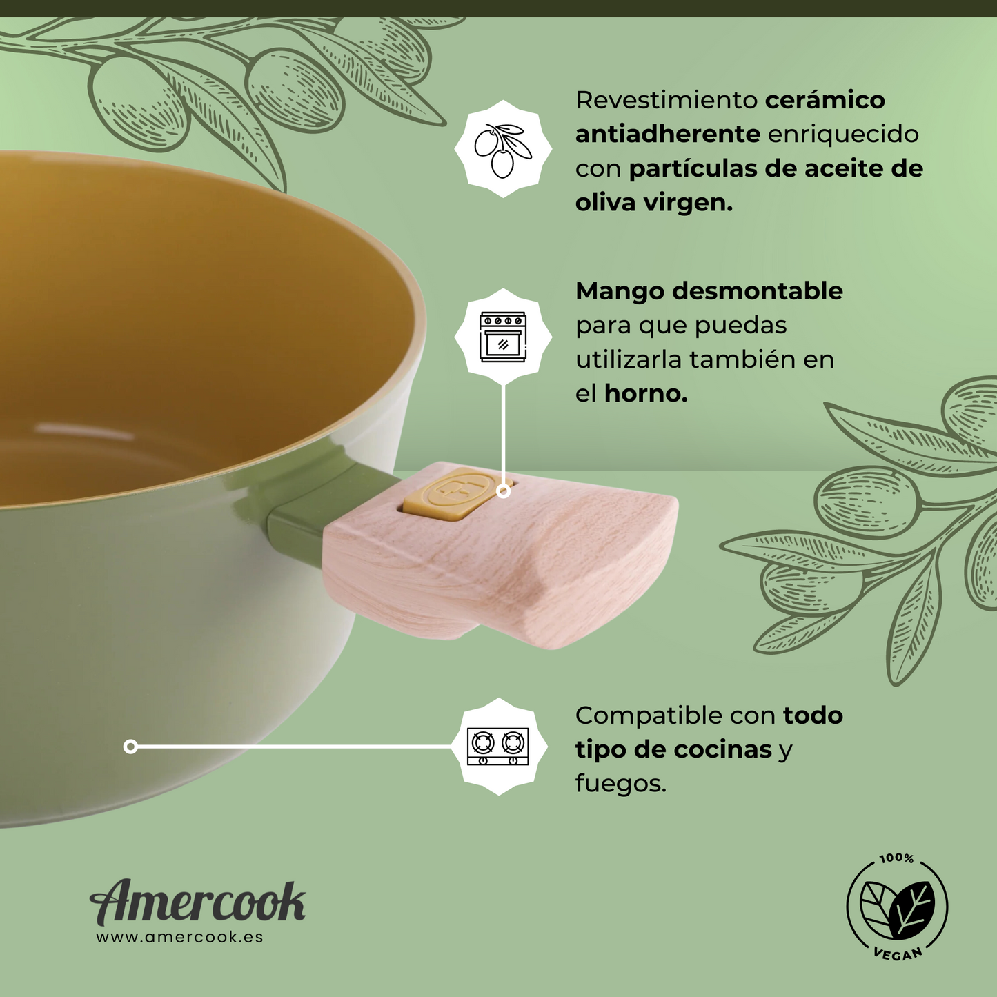 Cacerola AmVegan con asas desmontables, apta para horno y todo tipo de cocinas incluso inducción