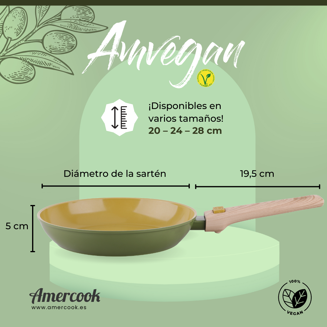 Sartén AmVegan con mango desmontable, apta para horno y todo tipo de cocinas incluso inducción