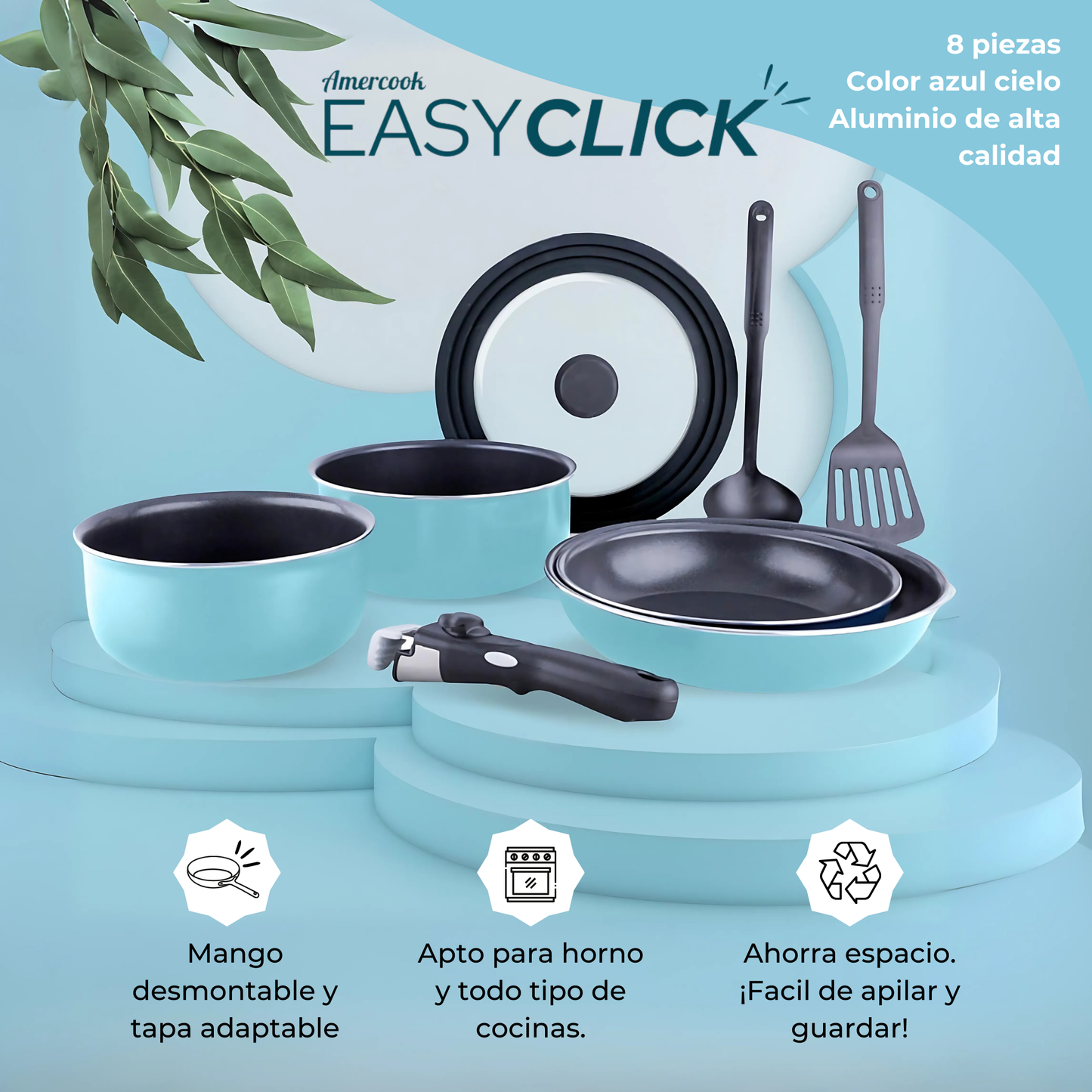 EasyClick 8-Piece Aluminum Cookware Set with Removable Handle in Sky Blue 