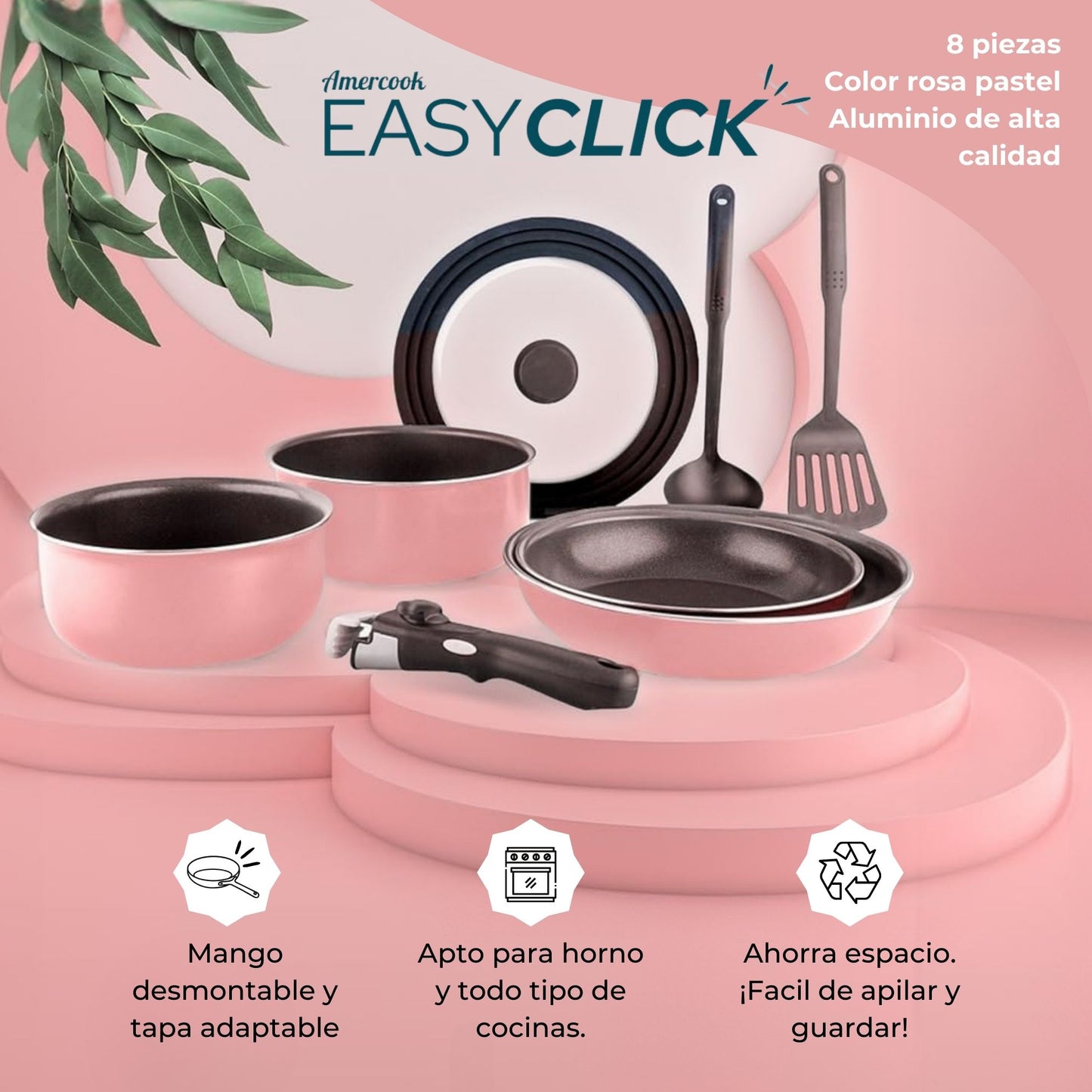 Batería de cocina de aluminio EasyClick de 8 piezas y mango extraíble de color rosa pastel