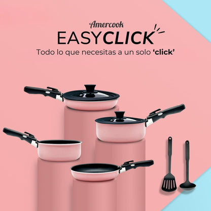 Batería de cocina de aluminio EasyClick de 8 piezas y mango extraíble de color rosa pastel