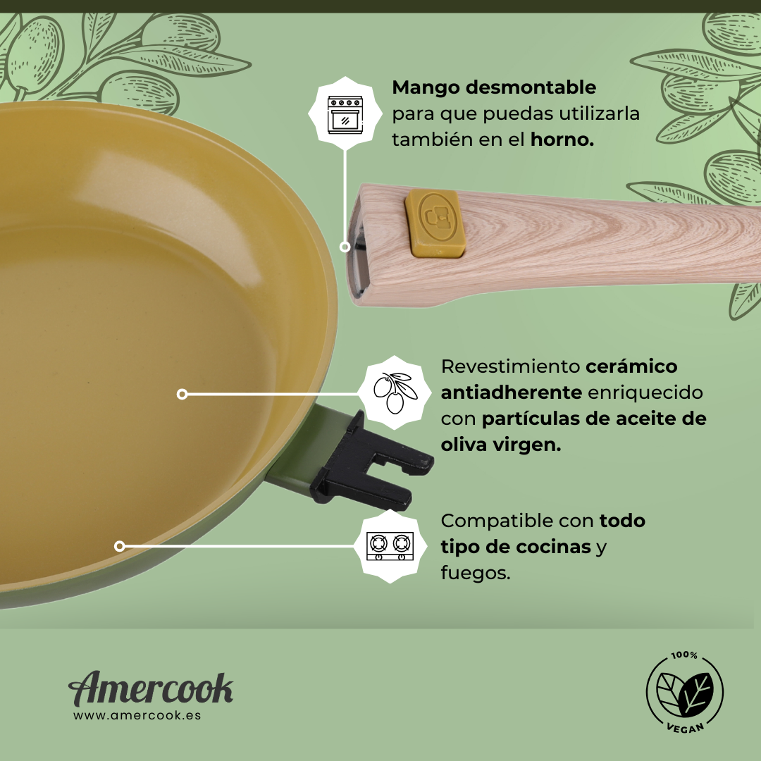 Sartén AmVegan con mango desmontable, apta para horno y todo tipo de cocinas incluso inducción
