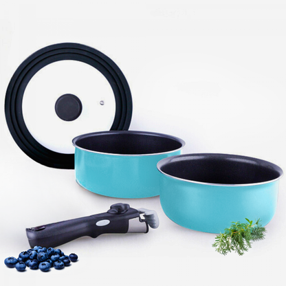 Batería de cocina de aluminio EasyClick de 8 piezas y mango extraíble de color azul cielo