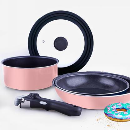 Batería de cocina de aluminio EasyClick de 8 piezas y mango extraíble de color rosa pastel