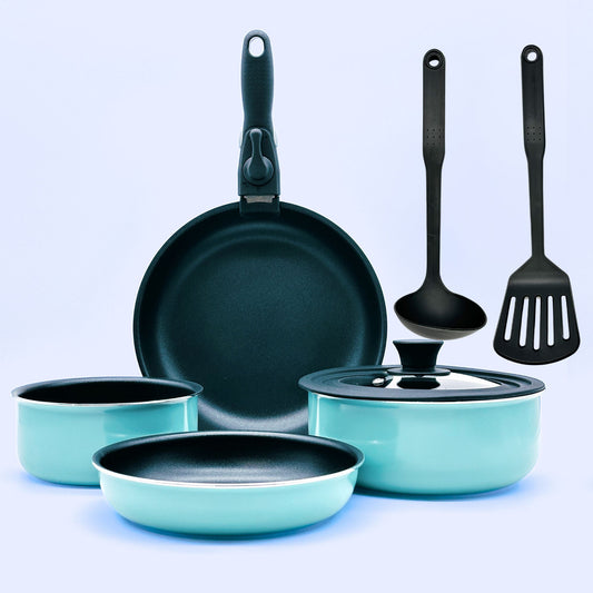 EasyClick 8-Piece Aluminum Cookware Set with Removable Handle in Sky Blue 