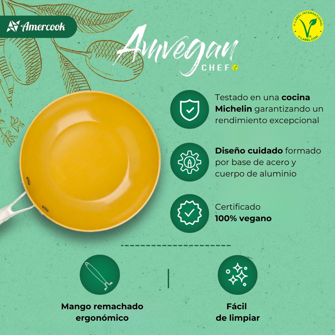 AmVegan Chef by Fran López professional wok with riveted handle, suitable for all types of cookers including induction