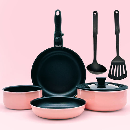 EasyClick 8-Piece Aluminum Cookware Set with Removable Handle in Pastel Pink 