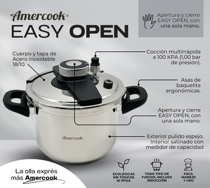 Olla exprés Easy Open con sistema de apertura fácil con una mano