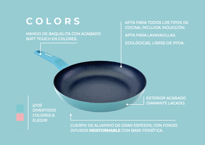 Set of 3 sky blue COLORS frying pans, suitable for all types of cookers, including induction 