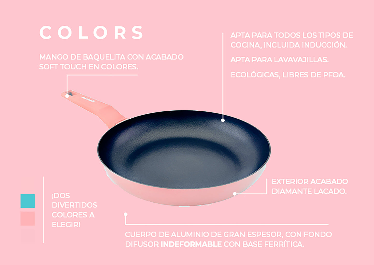 Grill rayado COLORS rosa pastel, sartén cuadrada apta para todo tipo de cocina incluso inducción
