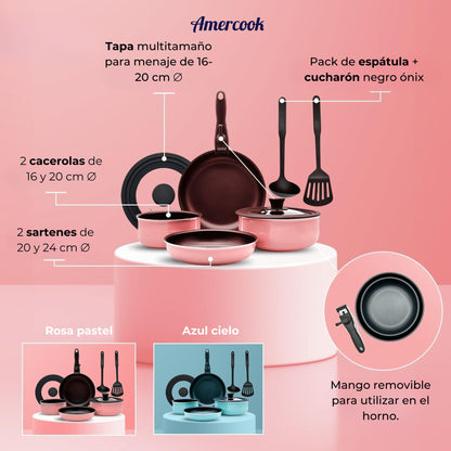 Batería de cocina de aluminio EasyClick de 8 piezas y mango extraíble de color rosa pastel