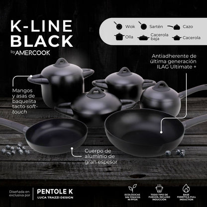 Cacerola media con tapa K-Line Black. Apta para todo tipo de cocinas, incluso inducción