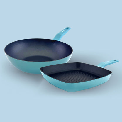 Sky blue COLORS wok + grill pack, suitable for all types of cookers, including induction
