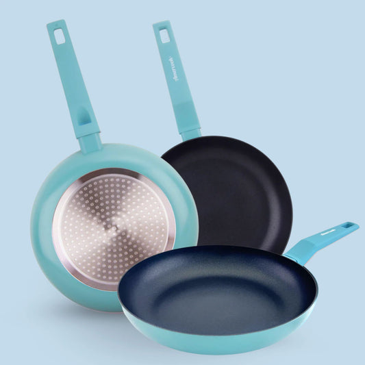 Set of 3 COLORS sky blue frying pans measuring 20, 24 and 28 cm Ø, suitable for all types of cookers, including induction 