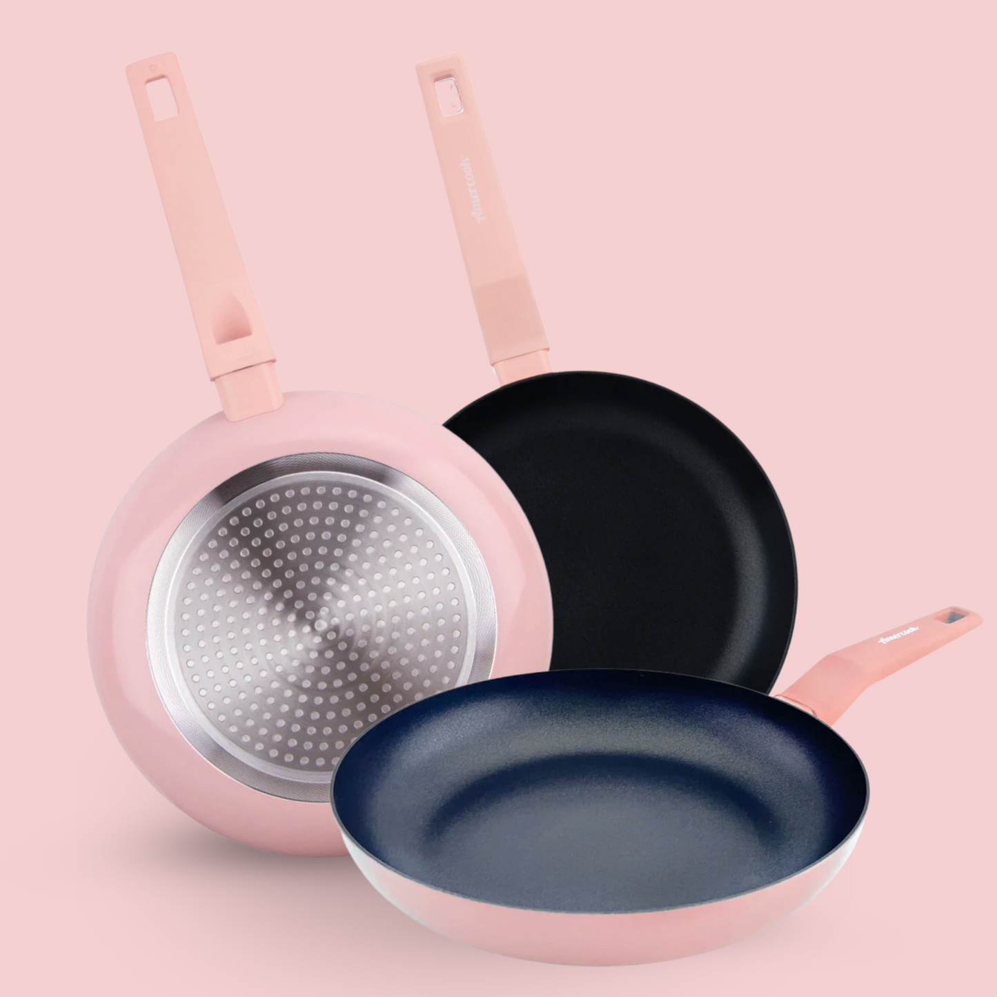 Juego de 3 sartenes COLORS rosa pastel de 20, 24 y 28 cms Ø, aptas para todo tipo de cocina incluso inducción