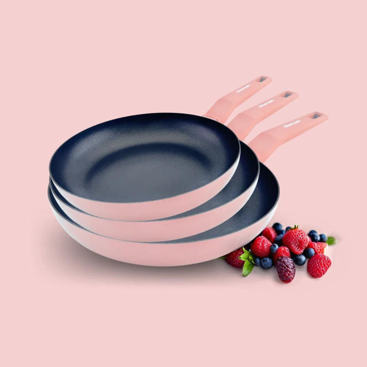 Juego de 3 sartenes COLORS rosa pastel de 20, 24 y 28 cms Ø, aptas para todo tipo de cocina incluso inducción