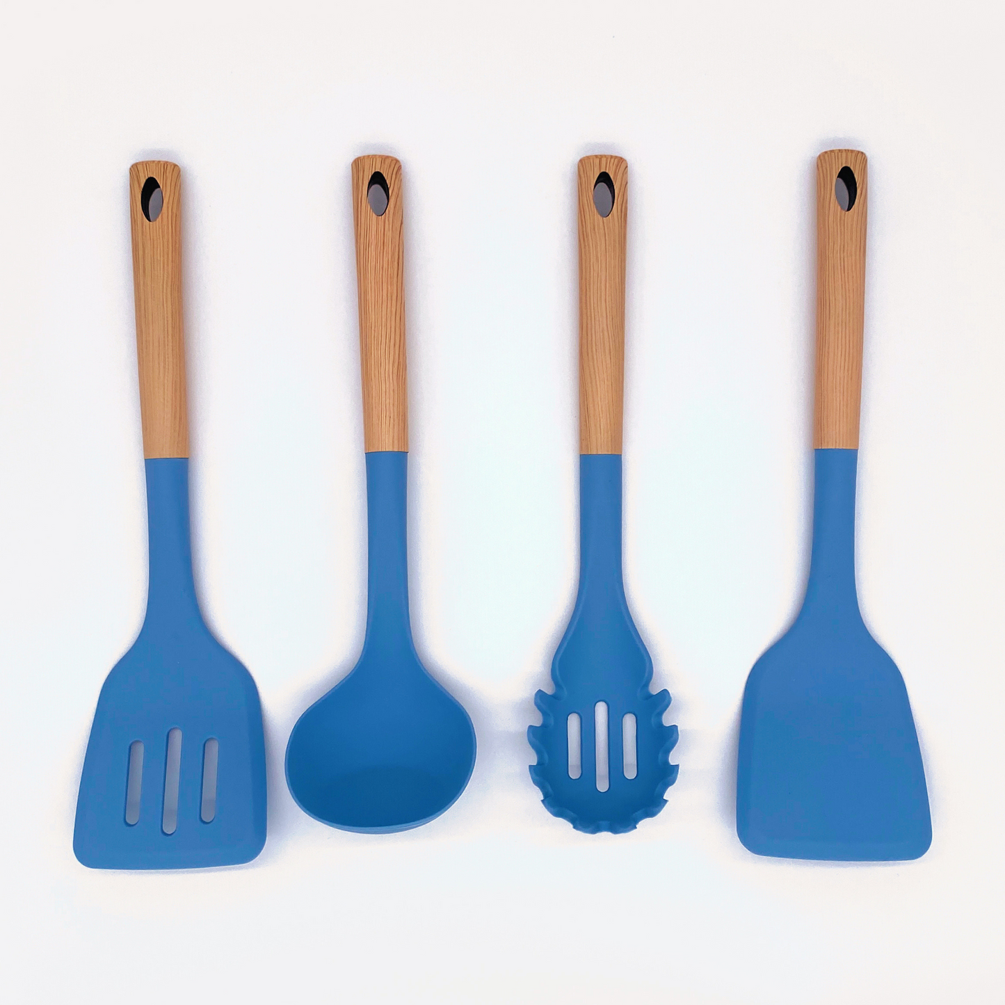 Sky blue silicone pasta and spaghetti tongs with wood effect handle