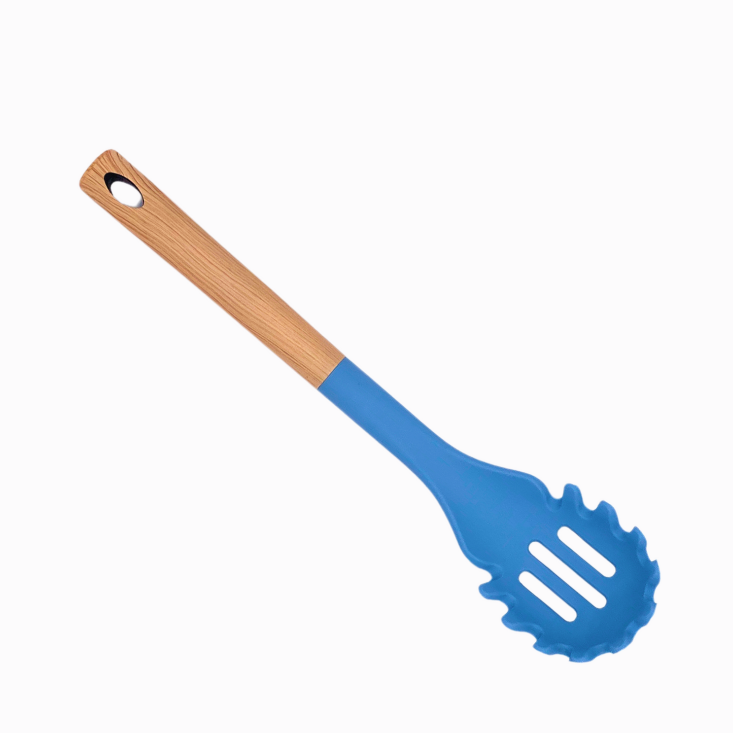 Sky blue silicone pasta and spaghetti tongs with wood effect handle
