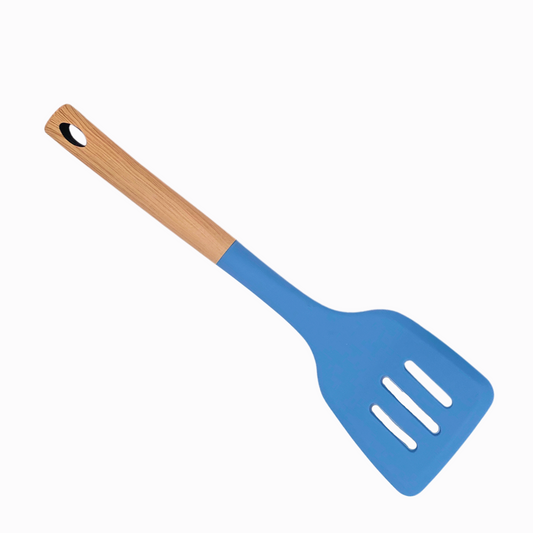 Sky blue silicone skimmer with wood effect handle