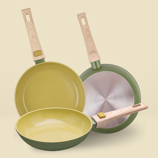 AmVegan frying pan set 20, 24 and 28 cm Ø with removable handle, suitable for oven and all types of cookers, including induction 
