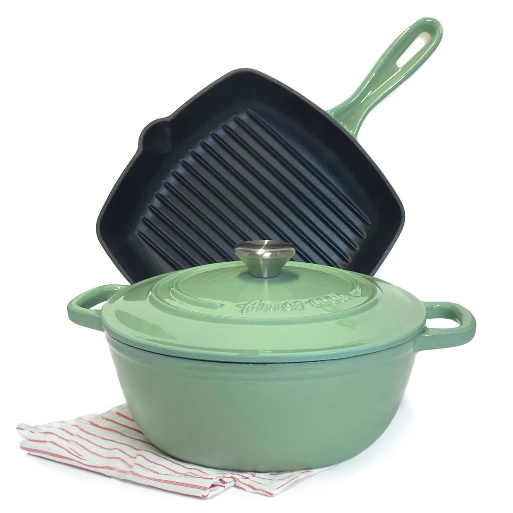 Cast Iron grill and saucepan set made of turquoise green cast iron, suitable for ovens and all types of kitchens 