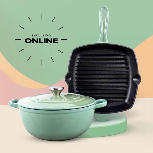 Cast Iron grill and saucepan set made of turquoise green cast iron, suitable for ovens and all types of kitchens 