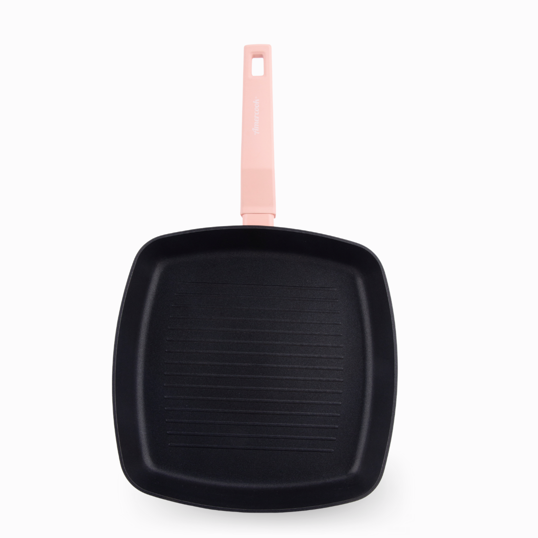 Grill rayado COLORS rosa pastel, sartén cuadrada apta para todo tipo de cocina incluso inducción