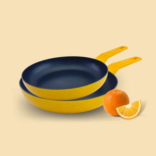 Set of 2 lemon yellow COLORS frying pans, suitable for all types of cookers, including induction 