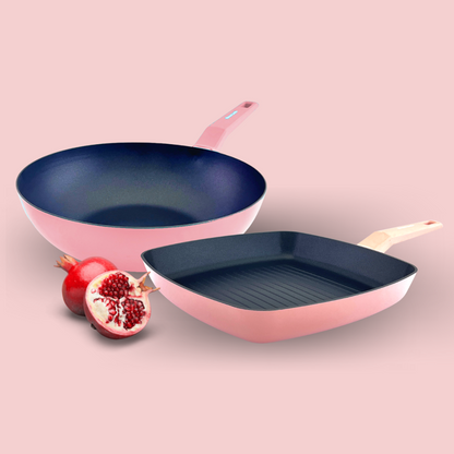 Pack de wok + grill COLORS rosa pastel, aptos para todo tipo de cocina incluso inducción