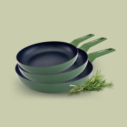 Set of 3 jungle green COLORS frying pans, suitable for all types of cookers, including induction