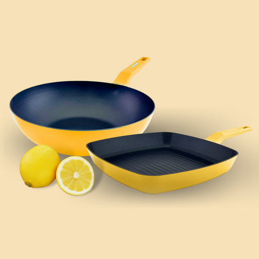 Pack de wok + grill COLORS amarillo limón, aptos para todo tipo de cocina incluso inducción