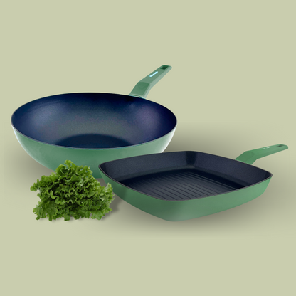 Jungle green COLORS wok + grill pack, suitable for all types of cookers, including induction 