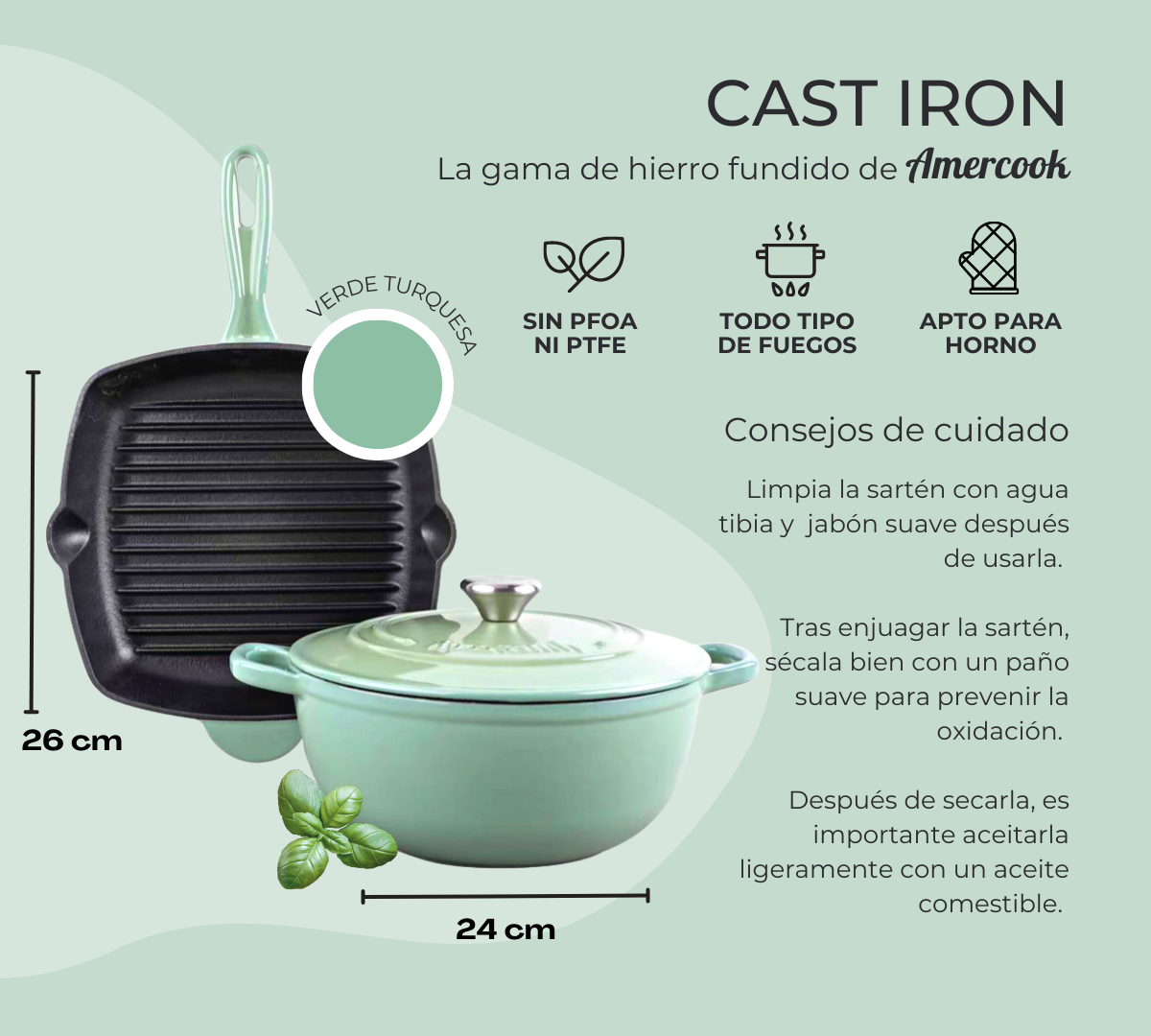 Set de grill y cacerola Cast Iron de hierro fundido verde turquesa, aptos para horno y todo tipo de cocinas