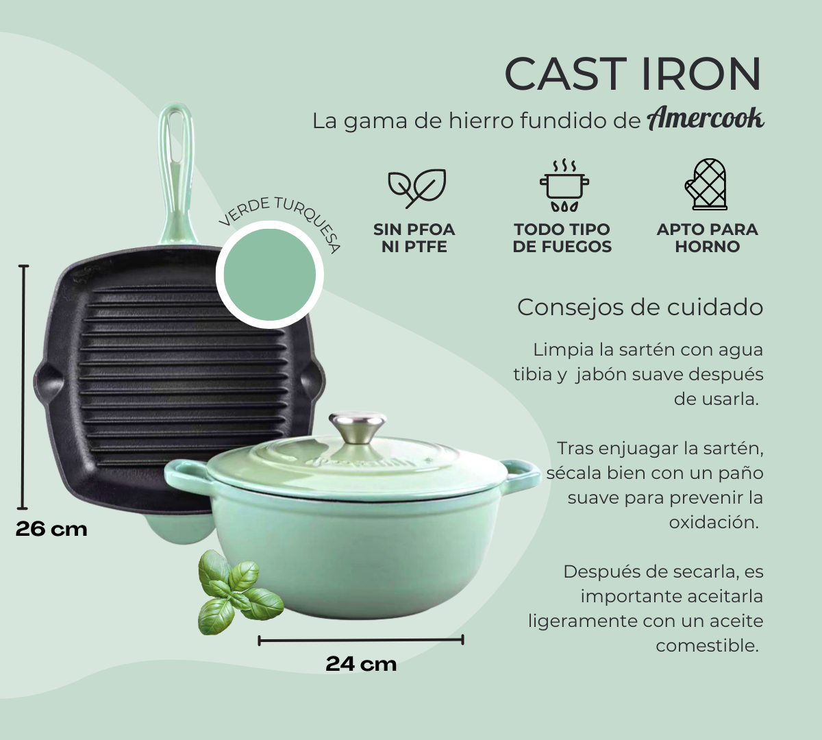 Cast Iron grill and saucepan set made of turquoise green cast iron, suitable for ovens and all types of kitchens 