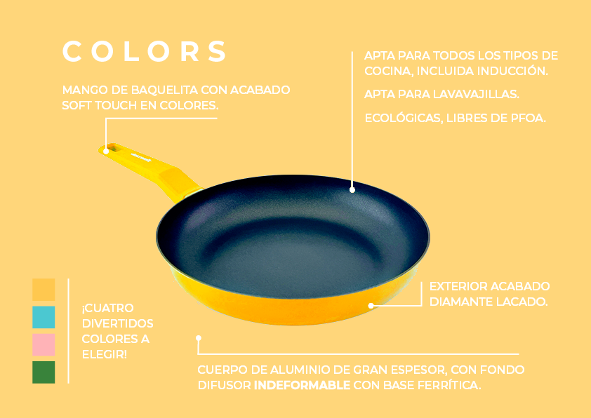 Grill rayado COLORS amarillo limón, sartén cuadrada apta para todo tipo de cocina incluso inducción