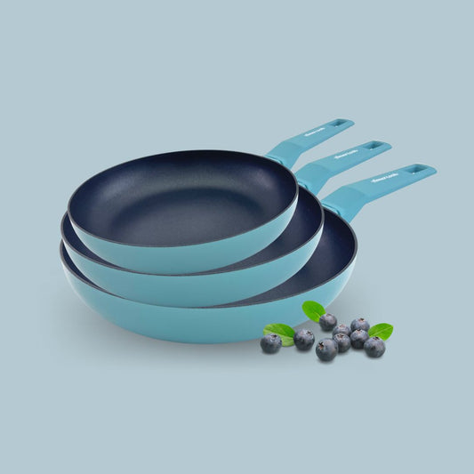 Set of 3 sky blue COLORS frying pans, suitable for all types of cookers, including induction 