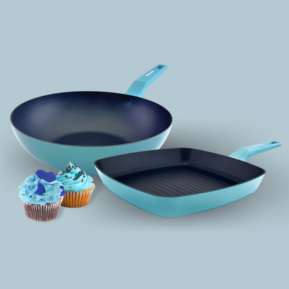 Pack de wok + grill COLORS azul cielo, aptos para todo tipo de cocina incluso inducción