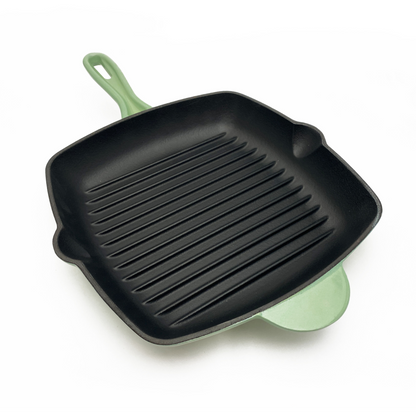 Cast Iron grill and saucepan set made of turquoise green cast iron, suitable for ovens and all types of kitchens 