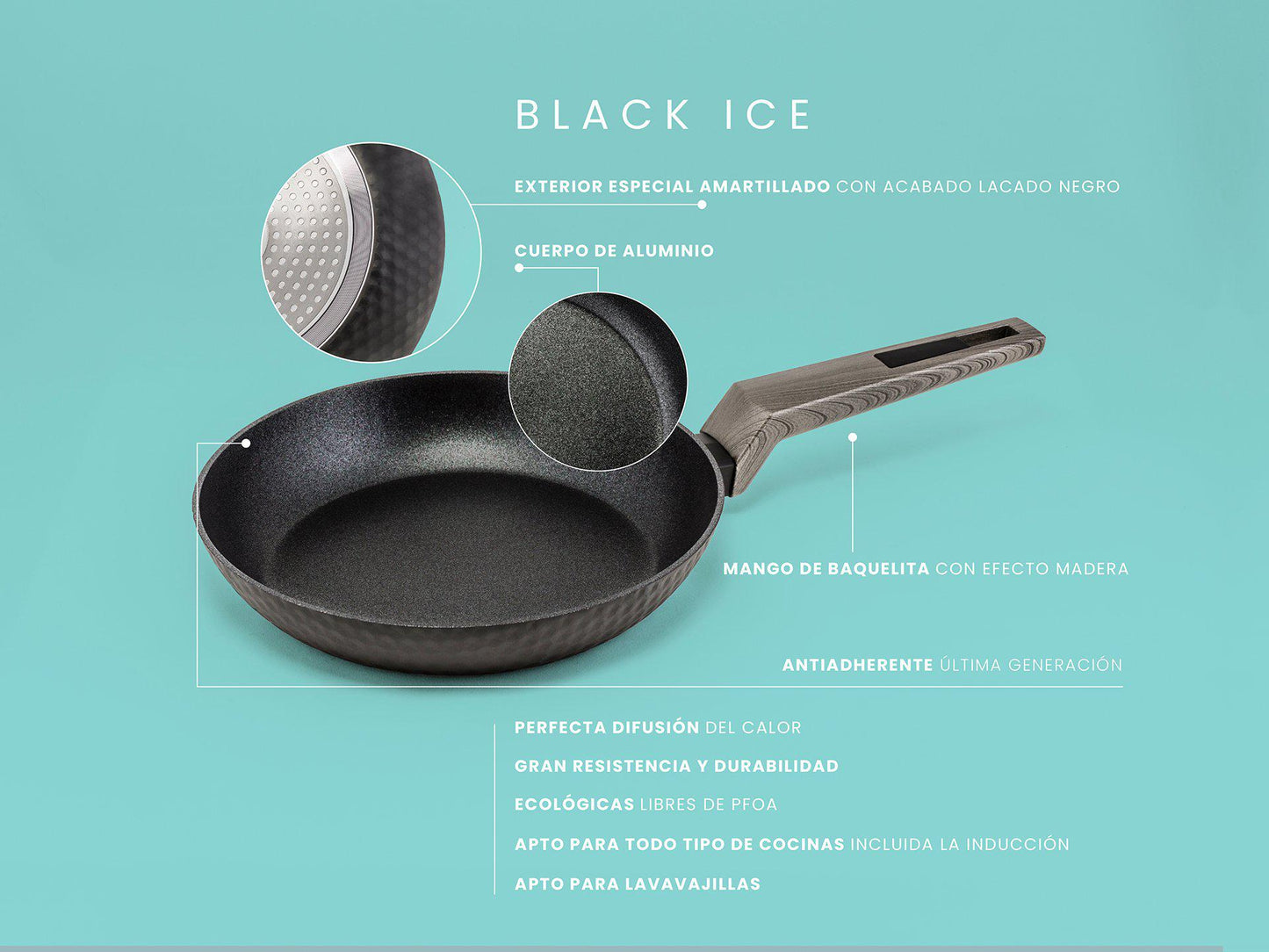 Sartén Black Ice acabado diamante. Apta para todo tipo de cocinas, incluso inducción